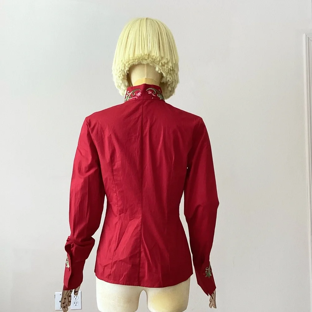 Nara Camicie Red Floral Embroidery Button Down Long Sleeves Shirt SZ 4 - Picture 5 of 11